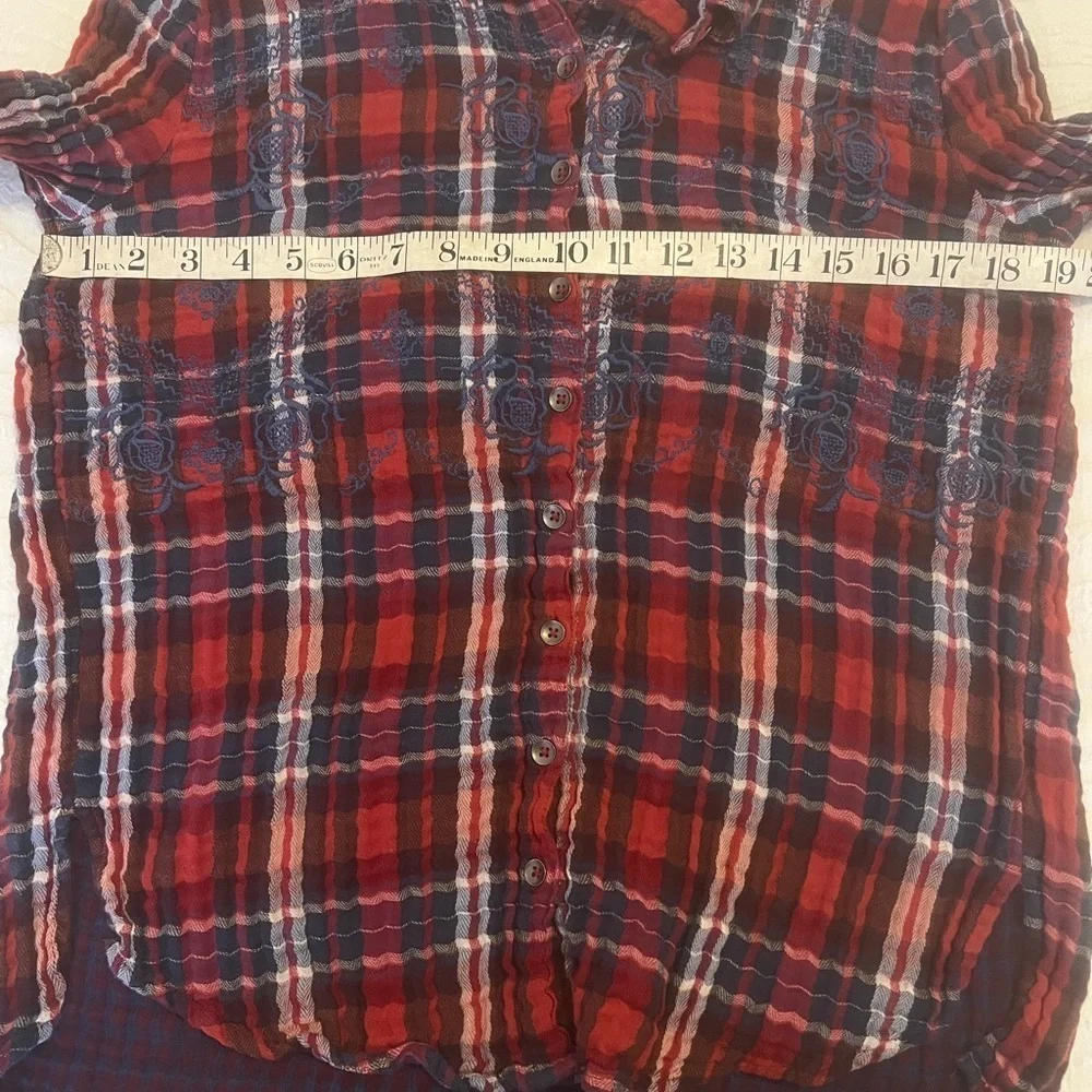 Free People XS Plaid Embroidered Button-Up Shirt Red/Blue Long Sleeve Cotton